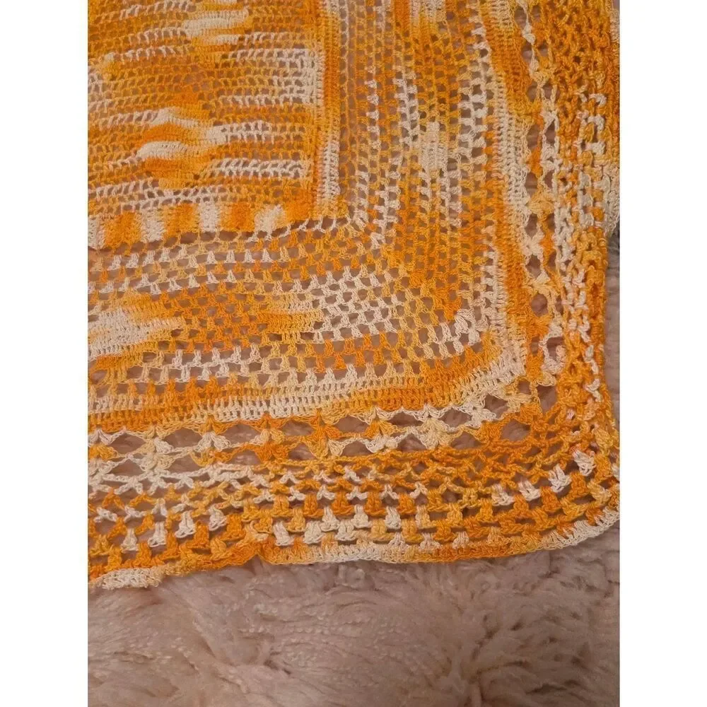 Vtg Unbranded Handmade YellowOrangeWhite CottonCrocheted Rectangle Doily 26